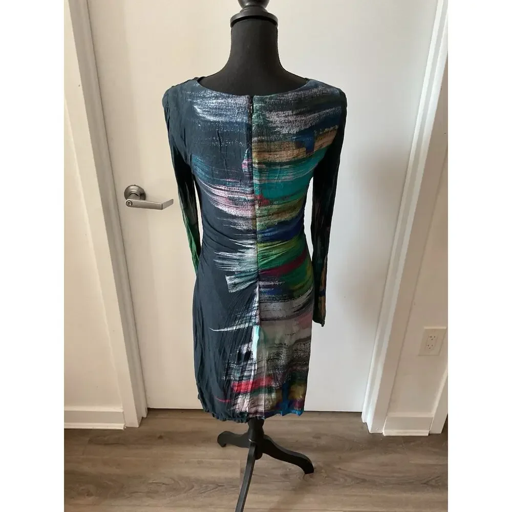Kay Unger New York Abstract Multicolor Ruched Sheath V-Neck Zip Lined Sz 6
